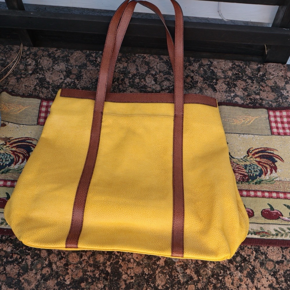 Banana Republic Yellow Brown Pebbled Leather Tote Bag Large Shoulder Purse